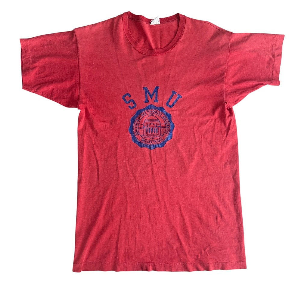 Vintage 70s SMU Southern Methodist University T Shirt Single Stitch M Red faded